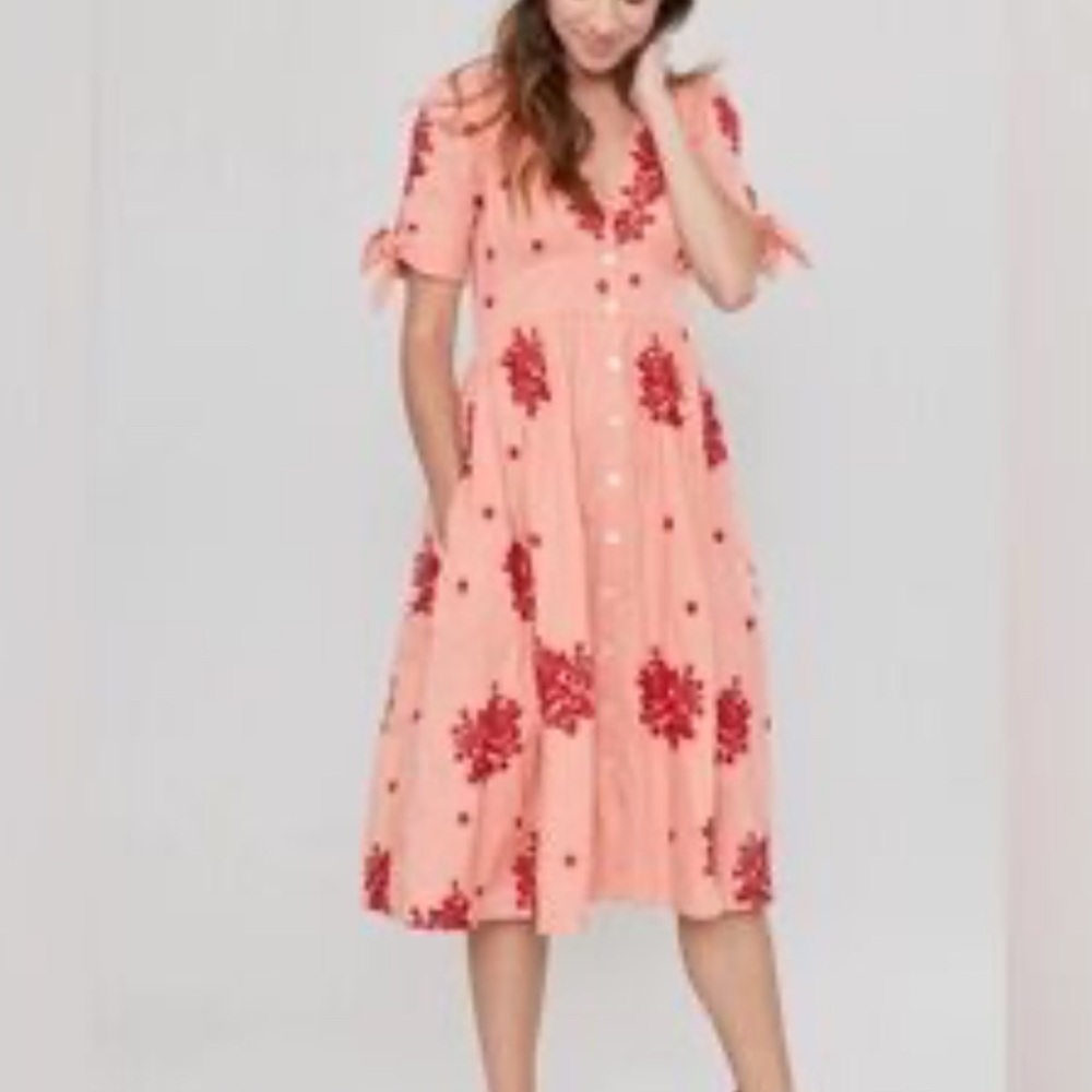 Pink Chicken Pink Midi Dress with Red Floral Embroidery